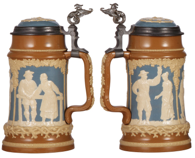 Mettlach stein, 1.0L, 2547, relief, by Stahl, inlaid lid, mint. - 2