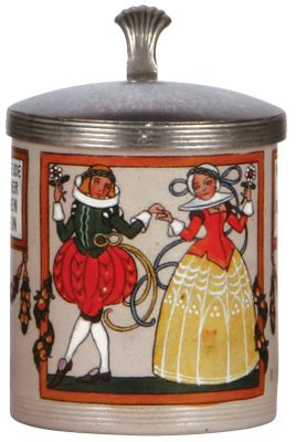 Stoneware stein, .5L, transfer & hand-painted, marked 5153, signed Franz Ringer, pewter lid, mint.