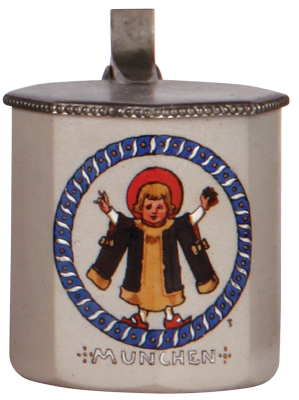 Stoneware stein, .5L, transfer & hand-painted, marked B.T.M., #6116, body design by Emanuel v. Seidl, München, pewter lid, mint.