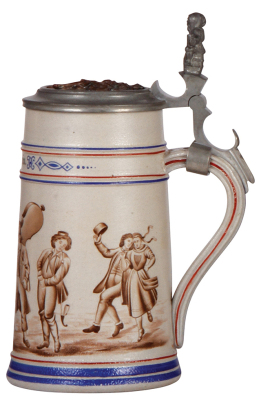 Stoneware stein, 1.0L, hand-painted, by Saltzer, marked 159, signed TZ, inlaid brass lid, a couple of small flakes on the handle,  - 2