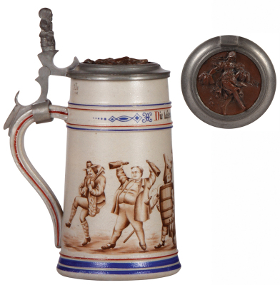 Stoneware stein, 1.0L, hand-painted, by Saltzer, marked 159, signed TZ, inlaid brass lid, a couple of small flakes on the handle,  - 3