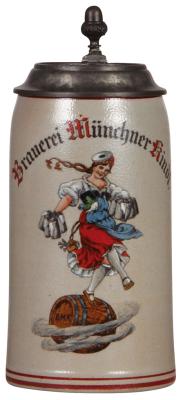 Stoneware stein, 1.0L, transfer & hand-painted, Brauerei Münchner Kindl, relief pewter lid: Brauerei zum Muenchner Kindl, good repair of a pewter tear, body mint.