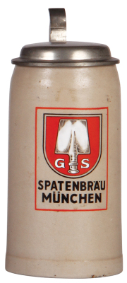 Stoneware stein, 1.0L, transfer & hand-painted, Spatenbräu München, pewter lid with relief inside: Winter Olympiade 1936, Deutsches Theater München, mint.