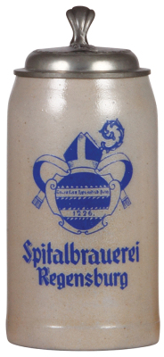 Stoneware stein, 1.0L, transfer, Spitalbrauerei, Regensburg, relief pewter lid, mint.