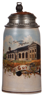 Stoneware stein, 1.0L, transfer & hand-painted, marked M.W. & Gr., Turnverein München, Gut Heil, Weihnachten 1897, pewter lid with brass inlay: München, mint. 