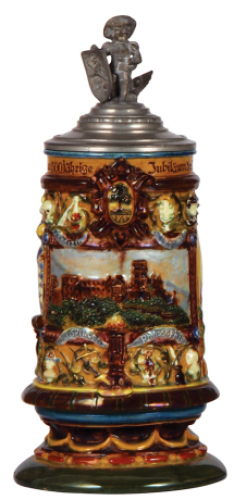 Pottery stein, .5L, relief, marked Johann Glatz Majolika Fabrik, 500j&auml;hr.&nbsp;Jubil&auml;um der Universit&auml;t Heidelberg, very good condition.