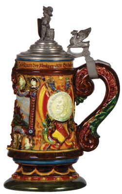 Pottery stein, .5L, relief, marked Johann Glatz Majolika Fabrik, 500jähr. Jubiläum der Universität Heidelberg, very good condition. - 2