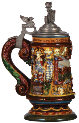 Pottery stein, .5L, relief, marked Johann Glatz Majolika Fabrik, 500jähr. Jubiläum der Universität Heidelberg, very good condition. - 3