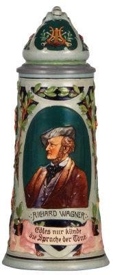 Pottery stein, .5L, relief, by Rosskopf & Gerz, 704, Richard Wagner, inlaid lid, mint.