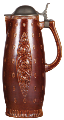 Stoneware stein, 12.8'' ht., relief, marked 2188, made by Reinhold Merkelbach, designed by Paul Wynand, brown saltglaze, Art Nouveau, pewter lid, small pewter tear, body mint.