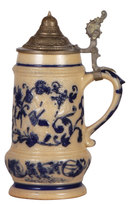 Stoneware stein, 10.8" ht., relief, #39, by Whites Utica, blue saltglaze, pewter lid, very good condition.