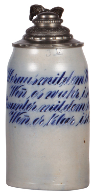 Stoneware stein, 3.0L, 13.5" ht., impressed, blue saltglaze, verse, pewter lid, large eagle thumblift, flake on top rim.