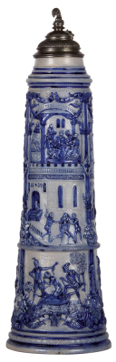 Stoneware stein, 5.0L, 23.0" ht., relief, by Reinhold Hanke, 330, Biblical parable of The Rich Man and the Beggar Lazarus, blue saltglaze, excellent detail & workmanship, pewter strap repaired, otherwise mint.
