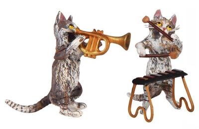 Vienna bronze cat band, 1.5" to 2.0" ht., mid-1900s, seven musicians, total nine pieces, piano marked; PB Wien,  cold-painted decoration, excellent condition. - 2