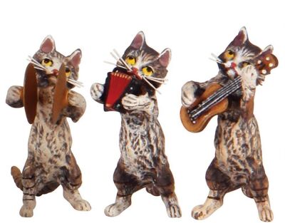 Vienna bronze cat band, 1.5" to 2.0" ht., mid-1900s, seven musicians, total nine pieces, piano marked; PB Wien,  cold-painted decoration, excellent condition. - 4