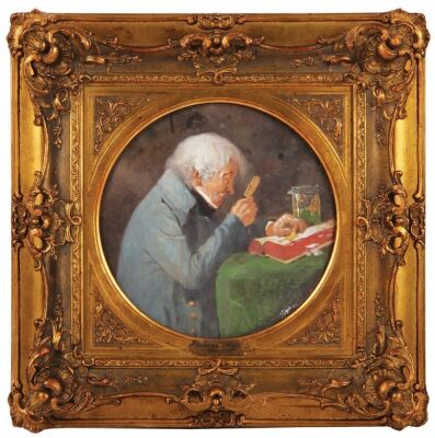 Heinrich Schlitt painting, signed and dated 1878 lower right, 9.5" d., gilded frame 16.6" x 16.6" with brass placard Heinrich Schlitt 1849 - 1927, paper board, man examining a frog on text book with magnifying glass, more frogs in glass jar, good conditio