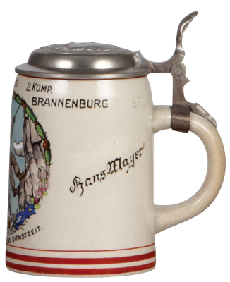 Third Reich stein, .5L, stoneware, I./100 Gebirgs Jäger Regt. 2. Komp., Brannenburg, owner's name, pewter lid with relief helmet with swastika, excellent repair of a small rim chip. - 2