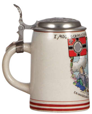 Third Reich stein, .5L, stoneware, I./100 Gebirgs Jäger Regt. 2. Komp., Brannenburg, owner's name, pewter lid with relief helmet with swastika, excellent repair of a small rim chip. - 3