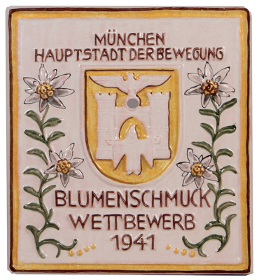 Third Reich plaque, 9.3" x 10.3", marked Ernst Königbauer, München, Keramik, relief: München Hauptstadt der Bewegung Blumenschmuck Wettbewerb, 1941, very rare, excellent condition.
