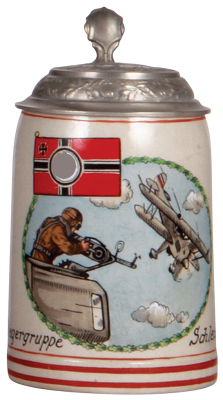 Third Reich stein, .5L, stoneware, Fliegergruppe Schleissheim - Staffel 1, replaced pewter lid with relief helmet with swastika, 2" hairline in front.