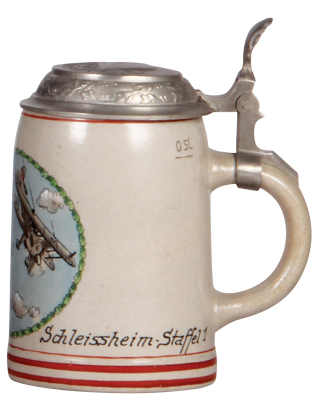 Third Reich stein, .5L, stoneware, Fliegergruppe Schleissheim - Staffel 1, replaced pewter lid with relief helmet with swastika, 2" hairline in front. - 2