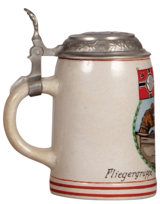 Third Reich stein, .5L, stoneware, Fliegergruppe Schleissheim - Staffel 1, replaced pewter lid with relief helmet with swastika, 2" hairline in front. - 3