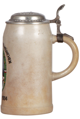 Third Reich stein, 1.0L, stoneware, 1. Kompanie, 7. Kraftfahr Abteilung, München, 1934, pewter lid, very good repair of pewter strap, body mint.  - 2