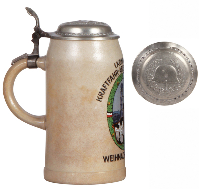 Third Reich stein, 1.0L, stoneware, 1. Kompanie, 7. Kraftfahr Abteilung, München, 1934, pewter lid, very good repair of pewter strap, body mint.  - 3