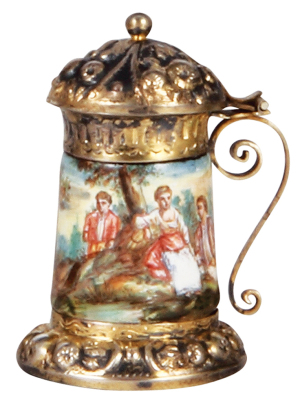 Viennese enamel miniature stein, 2.3" ht., silver, marked DS, hand-painted, silver lid, excellent condition.            