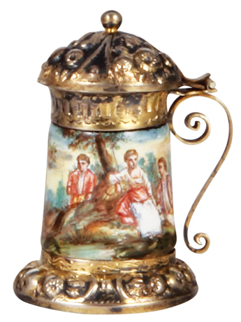 Viennese enamel miniature stein, 2.3" ht., silver, marked DS, hand-painted, silver lid, excellent condition.            