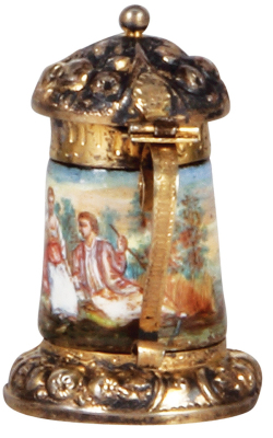 Viennese enamel miniature stein, 2.3" ht., silver, marked DS, hand-painted, silver lid, excellent condition.             - 2