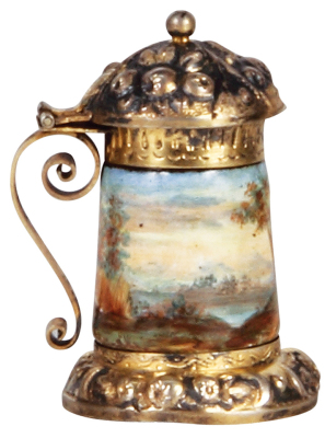 Viennese enamel miniature stein, 2.3" ht., silver, marked DS, hand-painted, silver lid, excellent condition.             - 3