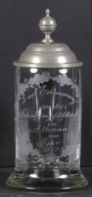 Glass stein, 1.0L, 10.2" ht., blown, etched with verse and 1859 date, pewter lid, mint.