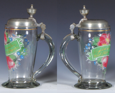 Glass stein, 1.0L, blown, clear, hand-painted, wedding, pewter lid dated 1852, mint. - 2