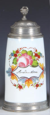 Glass stein, 1.0L, blown, milk glass, c.1850, hand-painted, Andenken, pewter lid, mint.