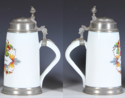 Glass stein, 1.0L, blown, milk glass, c.1850, hand-painted, Andenken, pewter lid, mint. - 2