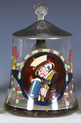 Glass stein, .5L, blown, hand-painted, very heavy enamel, pewter lid, mint.