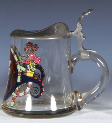 Glass stein, .5L, blown, hand-painted, very heavy enamel, pewter lid, mint. - 2