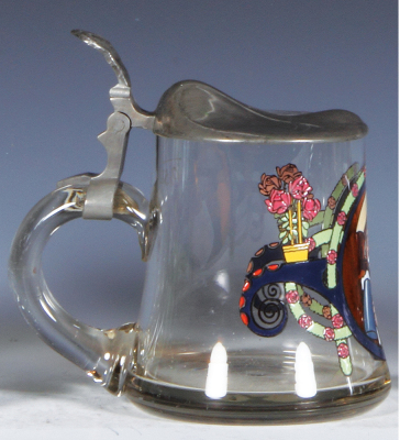 Glass stein, .5L, blown, hand-painted, very heavy enamel, pewter lid, mint. - 3