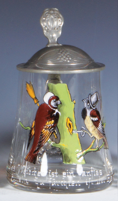 Glass stein, .5L, blown, hand-painted, two birds, pewter lid, mint.