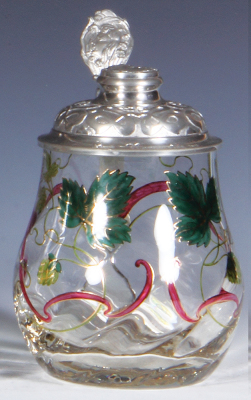 Glass stein, .5L, blown, transparent enamel, Art Nouveau, pewter lid, small relief scene & Art Nouveau thumblift, mint.