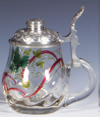 Glass stein, .5L, blown, transparent enamel, Art Nouveau, pewter lid, small relief scene & Art Nouveau thumblift, mint. - 2