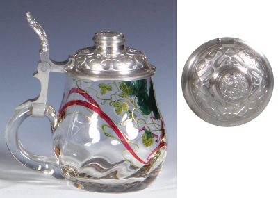 Glass stein, .5L, blown, transparent enamel, Art Nouveau, pewter lid, small relief scene & Art Nouveau thumblift, mint. - 3