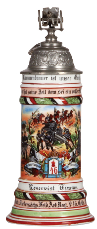 Regimental stein, .5L, 11.4'' ht., porcelain, 6. Battr., Feld Artl. Regt. Nr. 46, Celle, 1906 - 1908, two side scenes, roster, eagle thumblift, named to: Reservist Timme, mint.