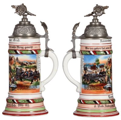 Regimental stein, .5L, 11.4'' ht., porcelain, 6. Battr., Feld Artl. Regt. Nr. 46, Celle, 1906 - 1908, two side scenes, roster, eagle thumblift, named to: Reservist Timme, mint. - 2