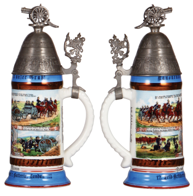 Regimental stein, .5L, 11.7" ht., porcelain, 2. Batterie, 12. Feld Artillerie Regt., Landau, 1907 - 1909, four side scenes, roster, lion thumblift, named to: Kanonier Blinn, mint. - 2