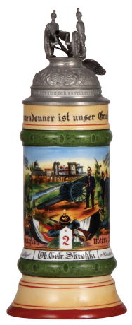 Regimental stein, .5L, 11.7" ht., porcelain, 6. Battr., Fuss Artl. Regt. Nr. 2, Borkum, 1912 - 1914, eagle thumblift, roster, two side scenes, named to: Ob. Gefr. Skrotzki, (rare unit in 2nd Armee Corps, short term location on Bokum Island in 1912), excel