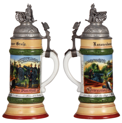 Regimental stein, .5L, 11.7" ht., porcelain, 6. Battr., Fuss Artl. Regt. Nr. 2, Borkum, 1912 - 1914, eagle thumblift, roster, two side scenes, named to: Ob. Gefr. Skrotzki, (rare unit in 2nd Armee Corps, short term location on Bokum Island in 1912), excel - 2