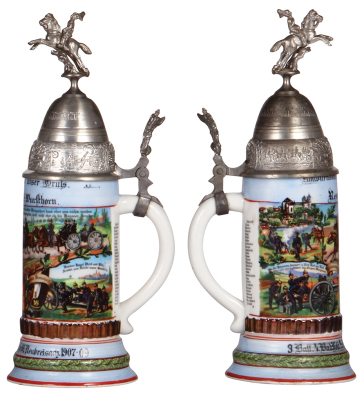 Regimental stein, .5L, 12.1" ht., porcelain, 3. Batt., Feld Artl. Regt. Nr. 66, Neubreisach, 1907 - 1909, four side scenes, roster, griffin thumblift, named to: Reservist Wursthorn, mint. - 2