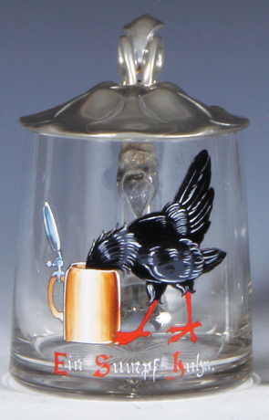 Glass stein, .5L, blown, clear, hand-painted, chicken drinking from a stein, pewter lid, mint.